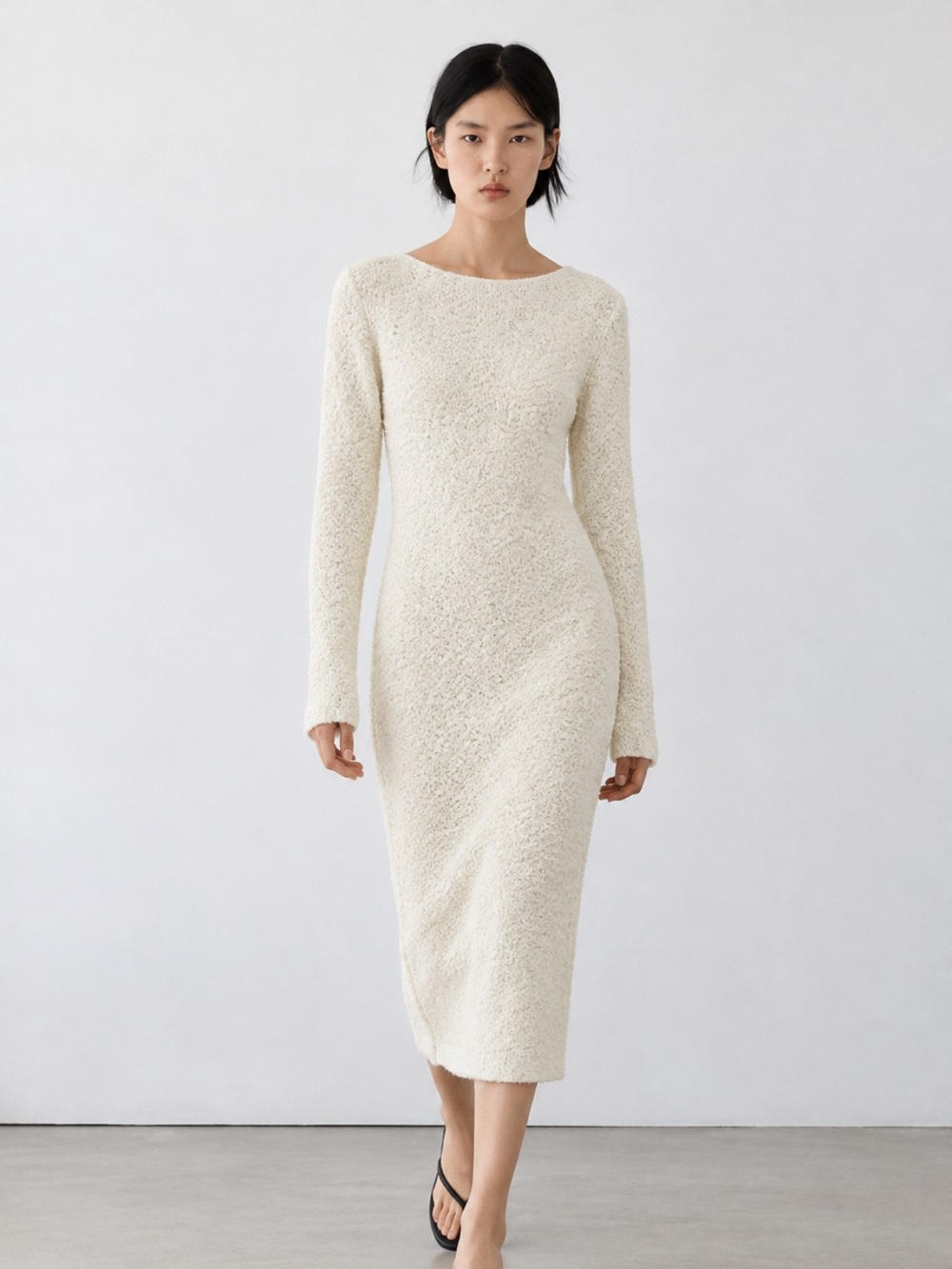 Massimo Dutti NWT wool blend boucle long sleeve ivory dress small 6699/555